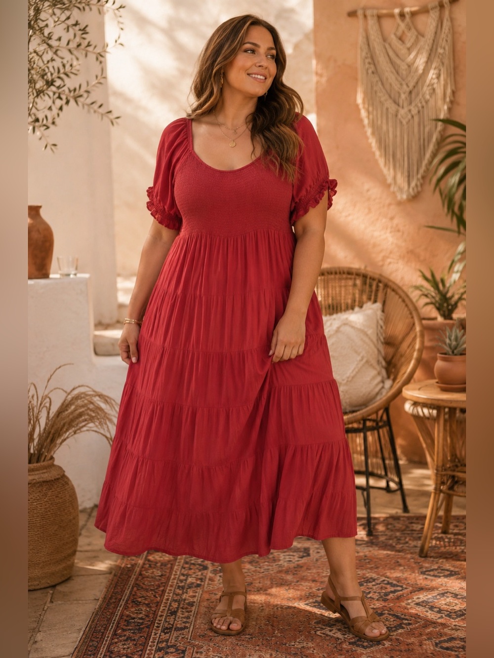 A5- XL midi tiered dress with pockets and smocked bodice